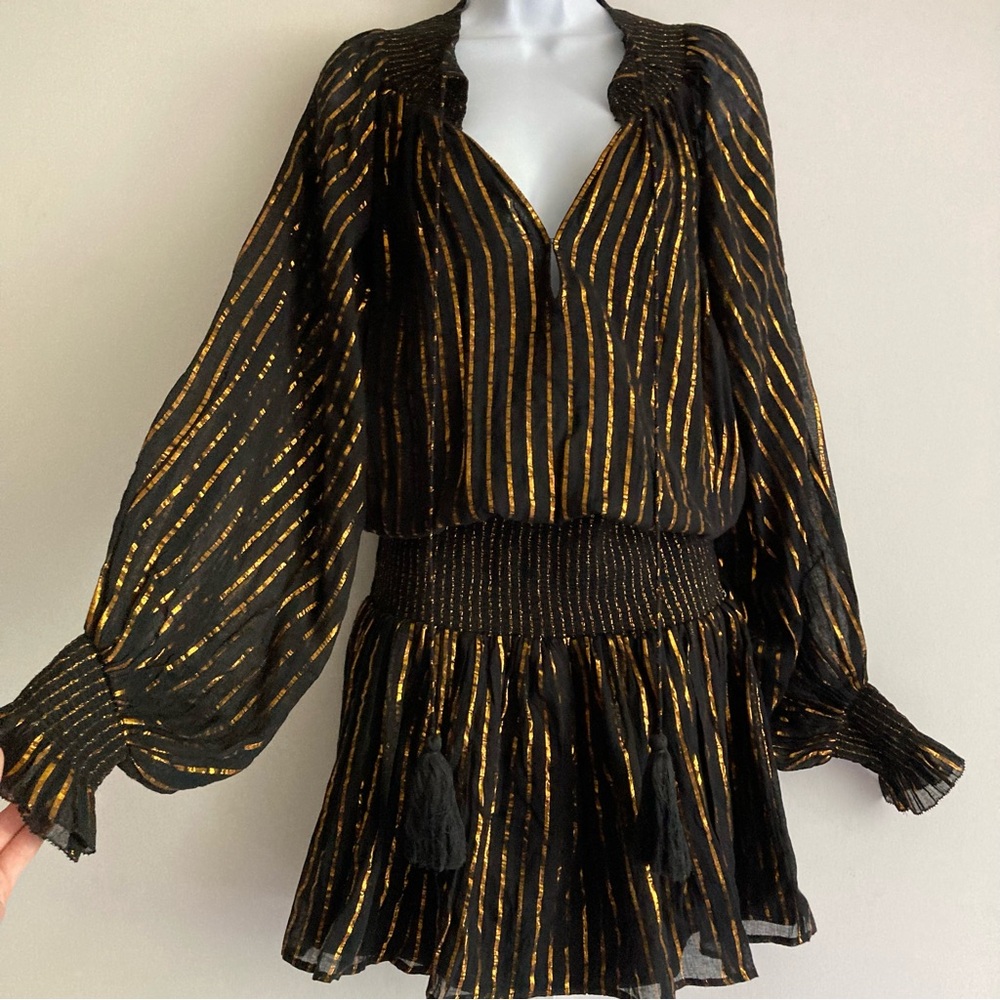 Karina Grimaldi Black & Gold Metallic Striped Vitage Voile Tassel Dress, NWOT L